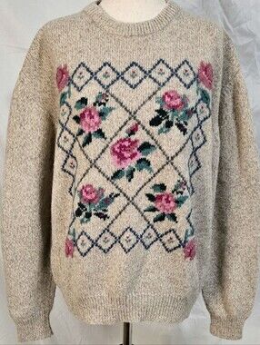 Vintage 90s Wool Sweater Beige Rose Floral Graphic Cottagecore Edie Bauer Pink